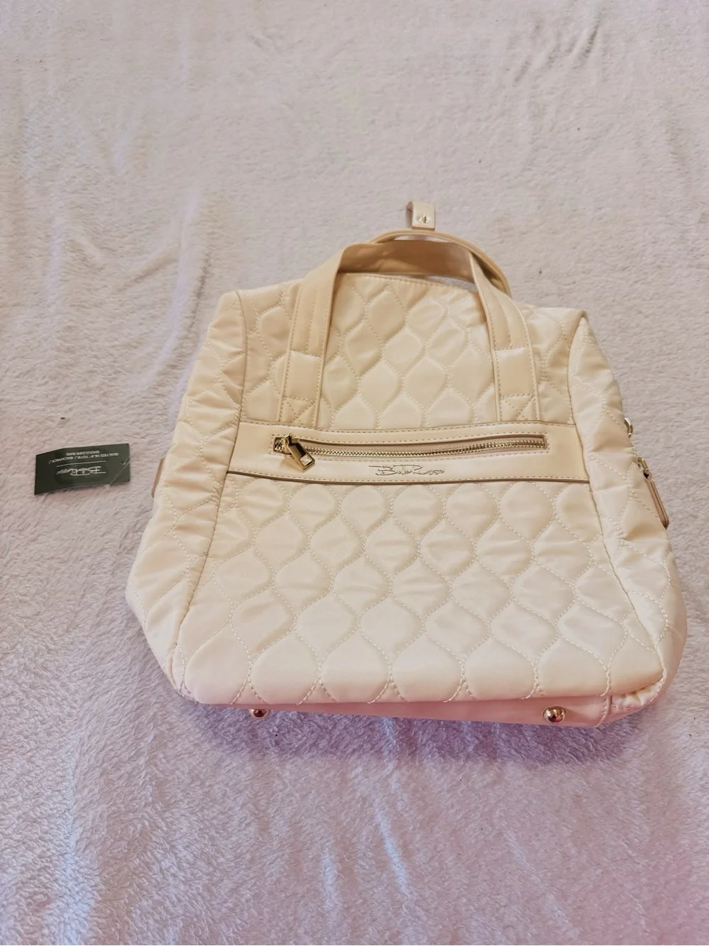 Quilted Cream Convertible Backpack Tote with Front Zip Pocket